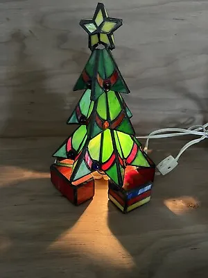 Vintage Stained Glass Christmas Tree Lighted Lamp 10.5 Inches Nice! • $19.99