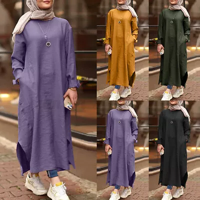 ZANZEA Womens Muslim Long Sleeve Plain Solid Maxi Shirt Dress Kaftan Gown Robe • $26.61