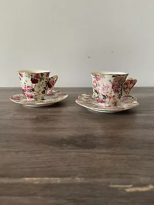 Pair Miniature Ceramic Tea Cups With Butterfly Handles And Saucers Floral 2.25”T • $14