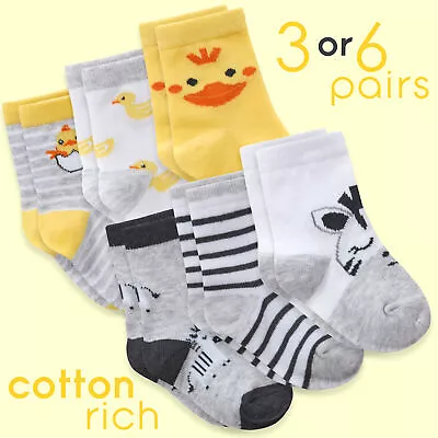 3 6 Pairs Baby Boys Girls Cotton Animal Socks Bundle Duck Zebra 0-0 0-2.5 3-5.5 • £5.39