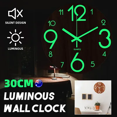 $17.95 • Buy Modern 12 Inch Glow In Dark Wall Clock Luminous Wooden Silent Non Ticking Quartz