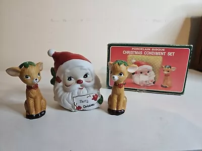 Vintage 3 Piece Bisque Christmas Condiment Set  Salt Pepper & Napkin Holder  • $19.99