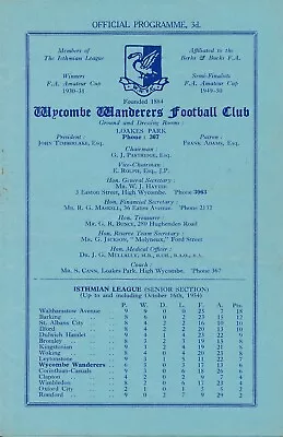 Wycombe Wanderers V Walthamstow Avenue (Isthmian League) 1954/1955 • £9.99
