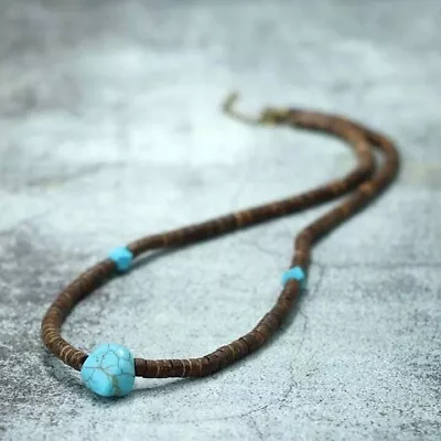 Men's Wooden Bead Boho Beach Surfer Necklace Turquoise Necklace Gift Bag Inc • £5.80