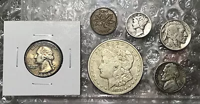 Vintage Coins Some Worn Or Cleaned- Silver Morgan Dollar + War Nickel + Dime • $41.95