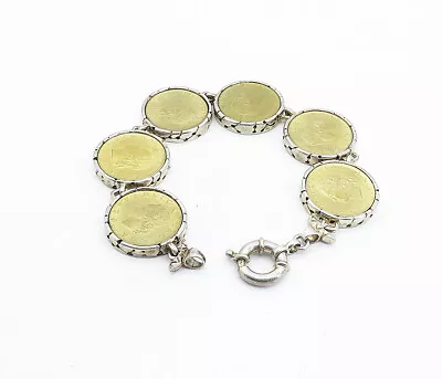 925 Sterling Silver - Vintage Two Tone Italian Coin Link Chain Bracelet - BT2537 • $259.99
