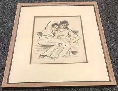 Vintage SIGNED CHARCOAL 15.5  X 17  Portrait Of A Couple Wood Framed Drawing • $37.46