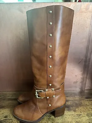 MICHAEL Kors Leather Gold Studded Tall Riding Boot Size 7 M Dark Cognac • $14.99