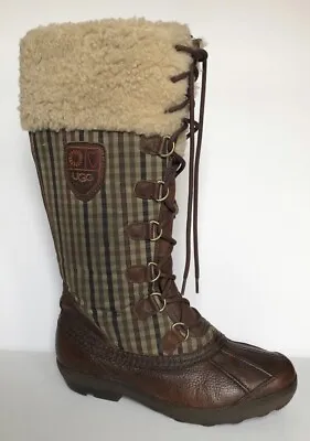 UGG Australia 3226 Edmonton Lace Up Brown Leather Boots Shearling Womens Size 9 • $54.99