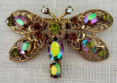 Beautiful Vintage Unsigned Weiss Aurora Borealis A B Rhinestone Butterfly Brooch • $21.67