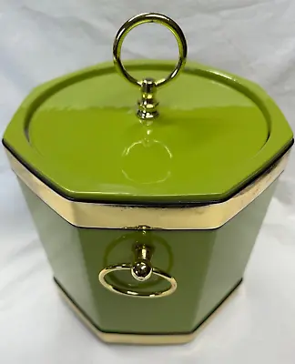 Vintage Retro Vinyl Covered Ice Bucket - Green With Gold Accents • $18