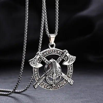 Mens Norse Viking Helmet Axe Rune Pendant Necklace Stainless Steel Amulet Chain • $9.95