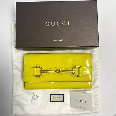 Gucci Patent Leather Wallet Continental Flap Horsebit Bright Yellow • $388