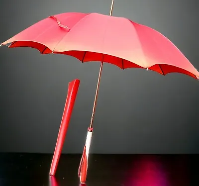 Vtg Mid Mod Red Umbrella W Vinyl Covered Handle & Case MCM Movie Stage Prop • $23.99