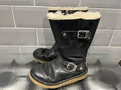 UGG Kensington Black Leather Buckle Side Zip Size 1 UK Mid Calf Boots • £12