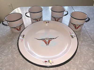 Vintage Set 8 Monterey Mexico Western Ware Longhorn Steer Enamelware Plates Mugs • $89