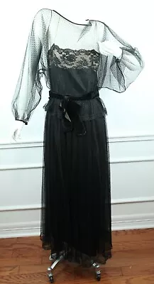 Vintage Malcolm Starr 70s Maxi Dress Black Lace Gown Goth Hostess XS Sheer • $210