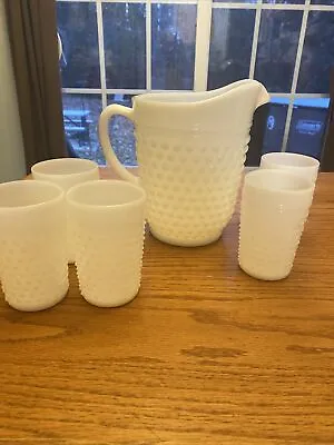 Vintage Milk Glass Hobnail Pitcher And 5 Glasses • $45.99