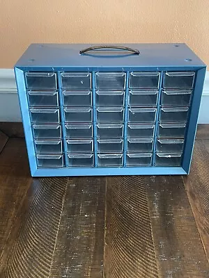 Vintage AKRO-MILS 30 Drawer Blue Metal Parts Storage Bin Cabinet With Handle  • $49.99