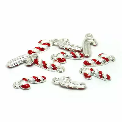 10 Christmas Candy Cane Charms Silver Plated Enamel 19 X 8mm J04628N • £5.49