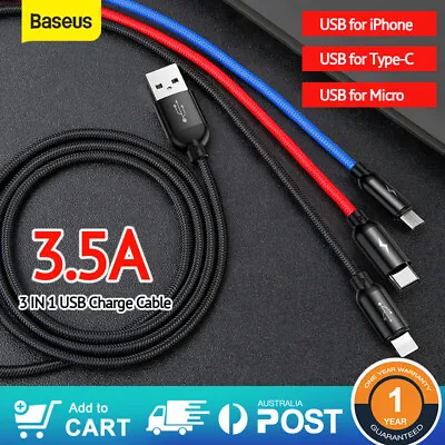 $8.99 • Buy Baseus 3 In 1 USB Fast Charging Cable 3.5A Multi Charge Cord For IPhone Android