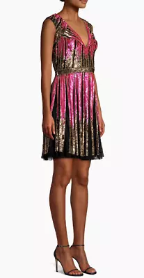 Aidan Mattox Pink Black Striped Beaded Sequin Cocktail Dress 2 New Years Holiday • $28