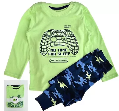 Boys Gamer Pyjamas Dunnes Cotton Gaming Console Camo Green Blue Cuffed Pjs NEW • £4.95