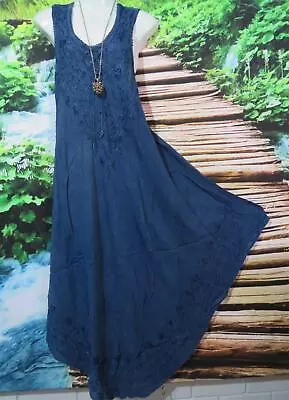 Boho Blue Long Embroidered Dress Faux Lace Up S/l Fits 14 - 18  98 - 118cms • $32.99