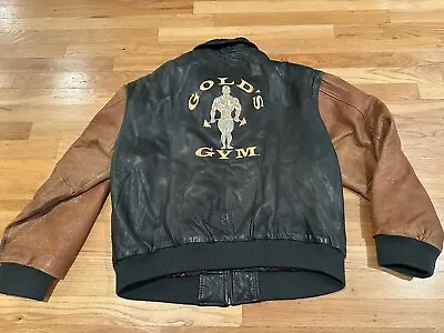 Vintage Golds Gym Leather Bomber Varsity Jacket Yellow Gold And Brown Large Mens • $279.95