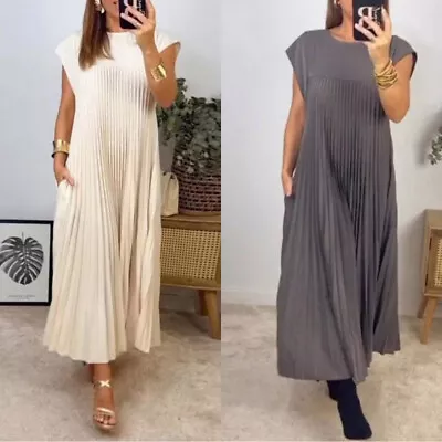 Womens Summer Beach Pocket Dress Party Holiday Pleated Maxi Dresses Plus Size + • $15.35