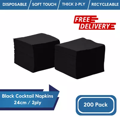 200 Pack Black Cocktail Napkins 24cm Black Serviettes For Bars Restaurants • £37.99