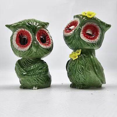 VINTAGE  Salt Pepper Shaker Green Owl Boy And Girl In Love Cartoon Flowers • $10