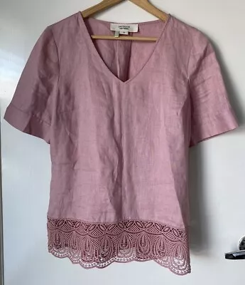 Jacqui E Linen Collection Pink V Neck Lace Hem Top Sz 10 EC • $29