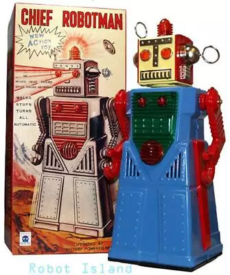 Chief Robotman Robot Battery Operated Tin Toy Blue • $63