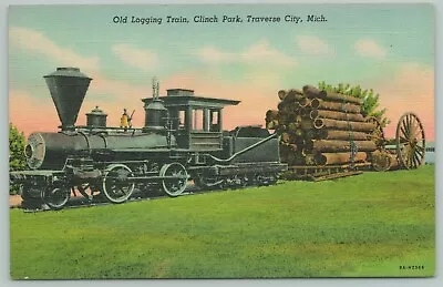 Traverse City Michigan~Clinch Park Old-Fashioned Logging Train Engine~1938 Linen • $5.50