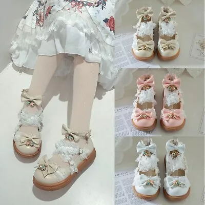 Womens Lolita Round Toe Lace Bowknot Kawaii Cosplay Buckle Shoes Sweet Low Heel • £30.96