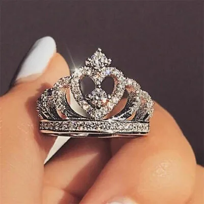 $1.95 • Buy Women Crown Jewelry Silver Plated Rings Cubic Zirconia Wedding Ring Gift Sz 6-10