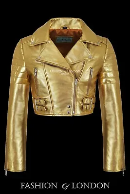 £99 • Buy PROVOCATIVE Cropped Ladies Leather Jacket Golden Biker Rock Style Short Jacket