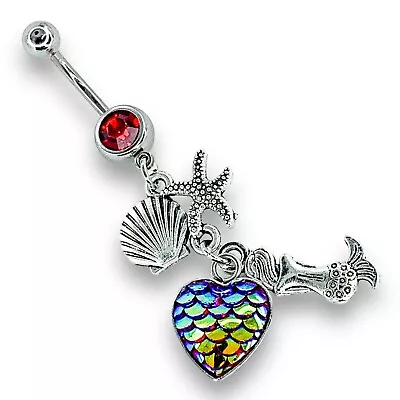 14g Red Cz Dangle Mermaid Starfish Shell Rainbow Heart Scale Belly Ring B501 • $9.99