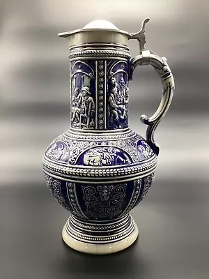 West Germany 13  Gerzit Salt Glazed Cobalt Blue Stoneware Jug/Pitcher W/Handle • $200