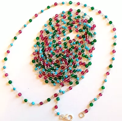 Milor Italy 100in Sterling Silver Multi Gemstone Necklace Turquoise Ruby Emerald • $89