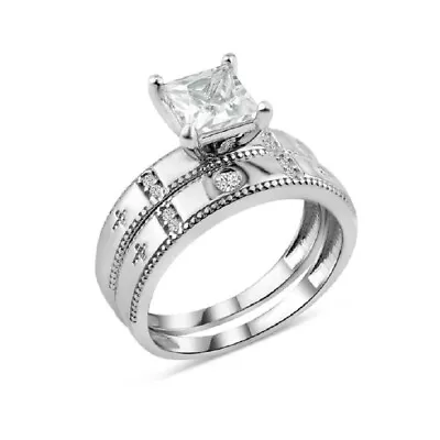 Sterling Silver Engagement Wedding Ring Set W/ 7mm (2 Ct) Princess Cut Center CZ • $31.99