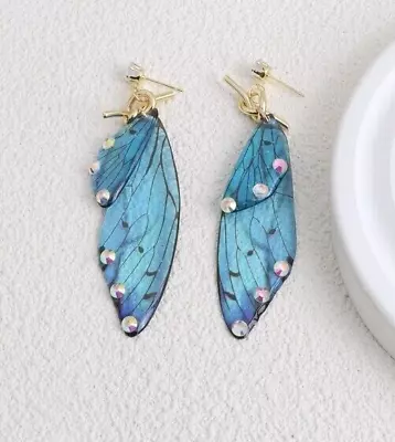 Butterfly Wings Earrings Carolina Blue With Rhinestones Gold Knot Push Close • $20.95