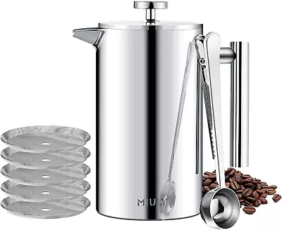 34oz Large French Press Coffee Maker With 5 Filters - Stainless Steel Insulated  • $34.99