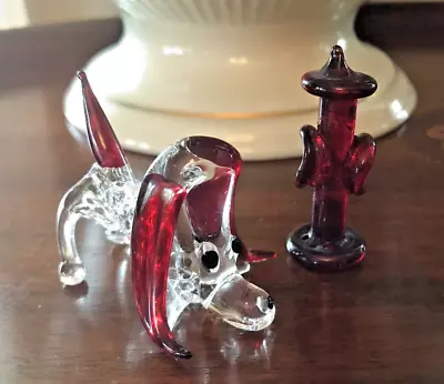 Glass Dog And Fire Hydrant Handblown Art Glass Miniature Figurines Clear & Red • $12