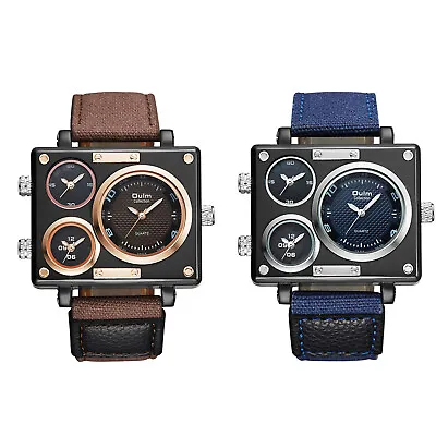 Men's Military Square Dial Watch Multi Time Zone Leather Strap Quartz Wristwatch • $23.99