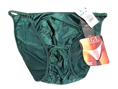 NEW VTG OLGA PANTIES FRENCH ACCENT Braid String Bikini GREEN Satin Stretch Sz M • $29.99