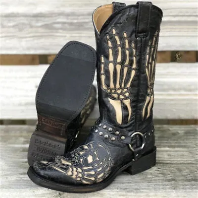 Mens Embroidered Cowboy Boots Western Shoes Skull Pattern Square Head Casual • $62