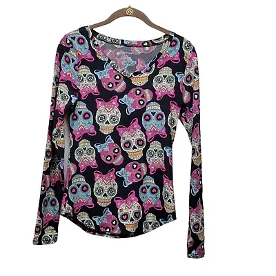 Modern Goth Skulls Womens Blouse Small Stretchy Shirt Rainbow Pink Blue Black • $10.49