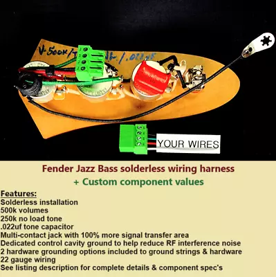 J Bass Custom Solderless Wiring Harness -500k Vol/250k No Load Tone/.022uf Cap • $94